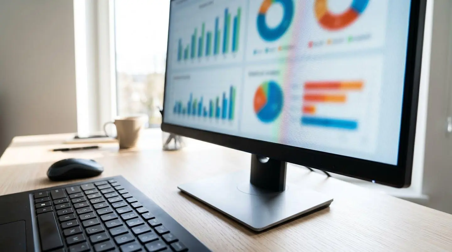 Gros plan sur un écran d'ordinateur affichant des graphiques statistiques avec courbes et barres de données floutées