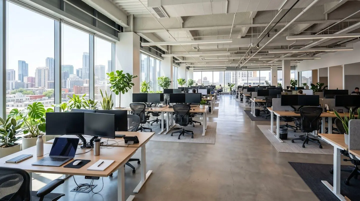Vue en grand angle d'un open space de bureau contemporain avec postes de travail, plantes vertes et grande baie vitrée laissant entrer la lumière naturelle