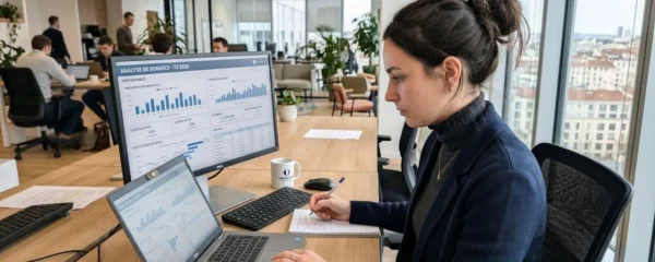 Un responsable marketing de dos consulte un tableau de bord analytique sur grand écran dans un bureau lumineux contemporain