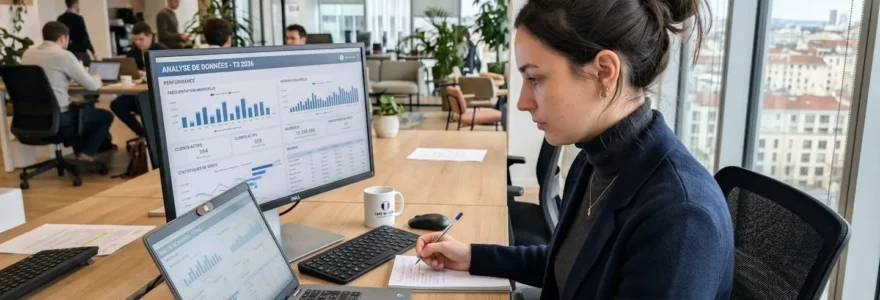 Un responsable marketing de dos consulte un tableau de bord analytique sur grand écran dans un bureau lumineux contemporain