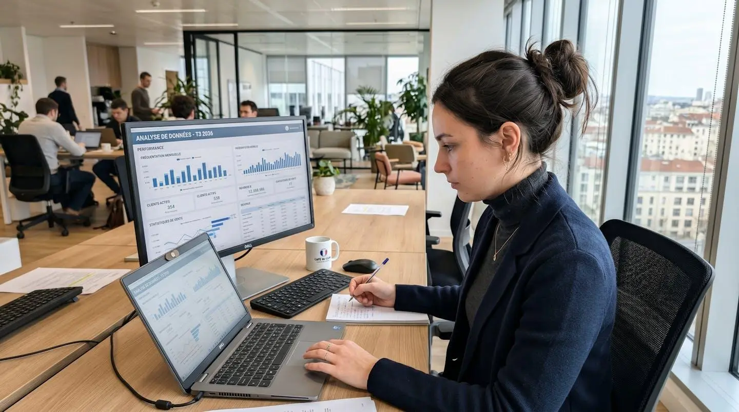 Un responsable marketing de dos consulte un tableau de bord analytique sur grand écran dans un bureau lumineux contemporain