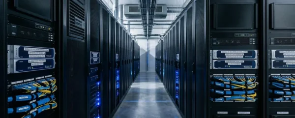 Allée centrale d'une salle serveurs datacenter certifié ISO 27001 avec racks alignés, modules HSM visibles et éclairage LED bleuté, infrastructure technique hébergement LRE qualifiée eIDAS