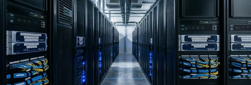 Allée centrale d'une salle serveurs datacenter certifié ISO 27001 avec racks alignés, modules HSM visibles et éclairage LED bleuté, infrastructure technique hébergement LRE qualifiée eIDAS