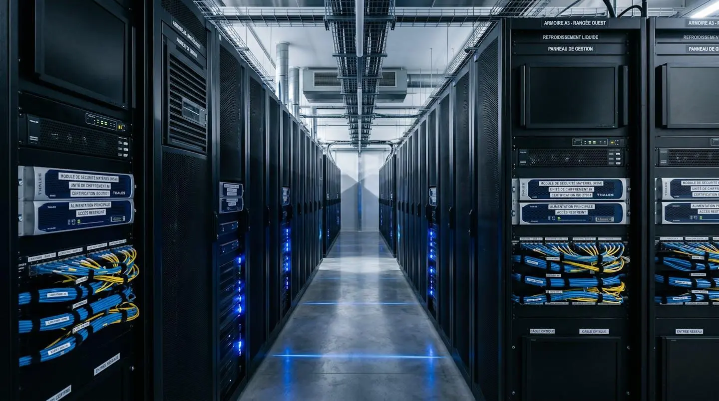 Allée centrale d'une salle serveurs datacenter certifié ISO 27001 avec racks alignés, modules HSM visibles et éclairage LED bleuté, infrastructure technique hébergement LRE qualifiée eIDAS