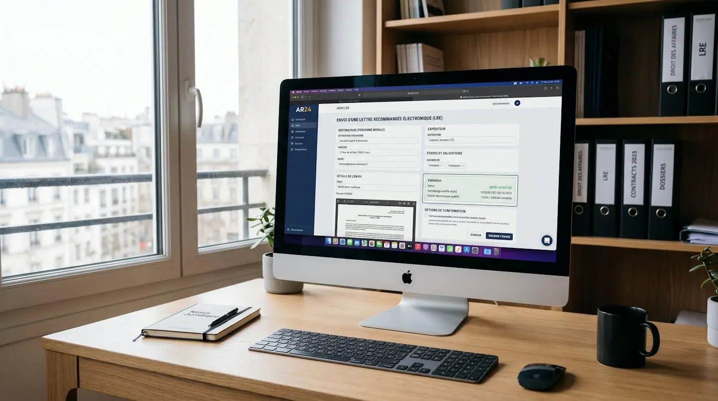Écran ordinateur affichant interface technique LRE avec mentions cachet électronique qualifié et horodatage certifié eIDAS en français, bureau professionnel moderne