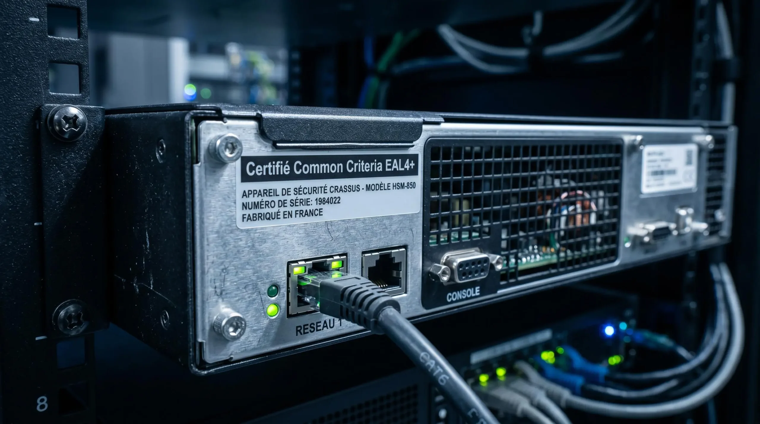 Gros plan macro module HSM (Hardware Security Module) monté rack serveur avec étiquette certification Common Criteria EAL4+ en français, protection clés cryptographiques