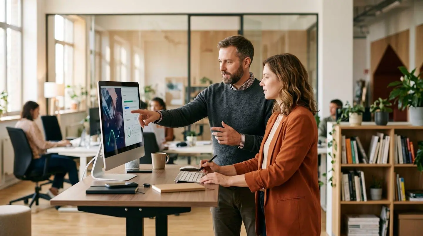 Deux collaborateurs d'une PME discutant de l'intégration d'une solution de lettre recommandée électronique dans leur logiciel métier sur un écran de bureau