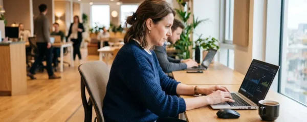 Responsable juridique en PME consultant l'interface d'envoi d'une lettre recommandée électronique sur son ordinateur dans un bureau lumineux
