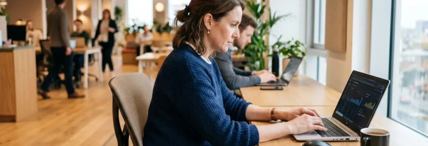 Responsable juridique en PME consultant l'interface d'envoi d'une lettre recommandée électronique sur son ordinateur dans un bureau lumineux