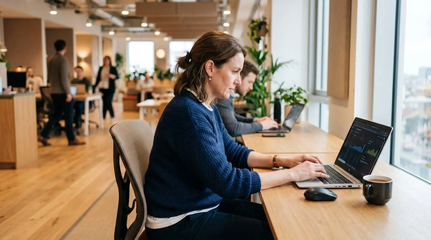 Responsable juridique en PME consultant l'interface d'envoi d'une lettre recommandée électronique sur son ordinateur dans un bureau lumineux