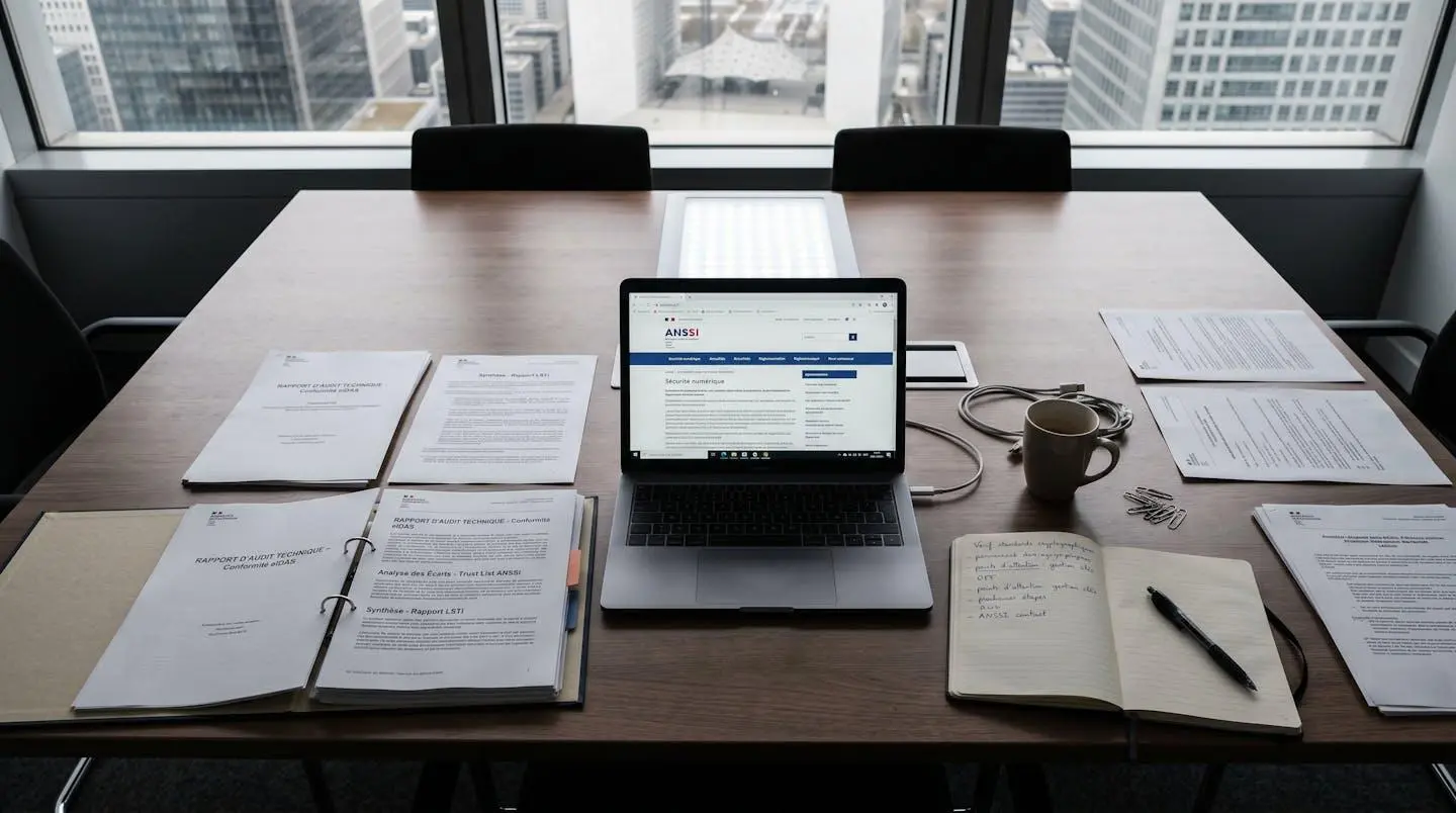 Vue dessus table réunion avec documents audit conformité eIDAS, mentions Trust List ANSSI et rapport LSTI visibles, laptop affichant site ANSSI.gouv.fr