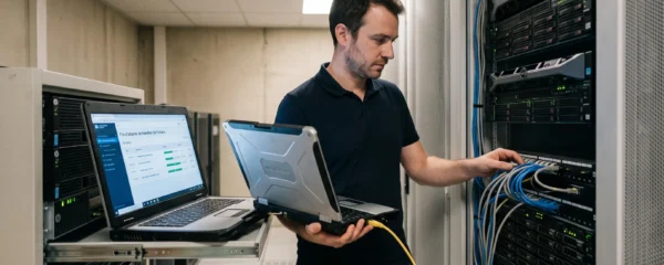 Administrateur systèmes supervisant un flux de transfert de fichiers automatisé sur un ordinateur portable relié à une baie de serveurs.