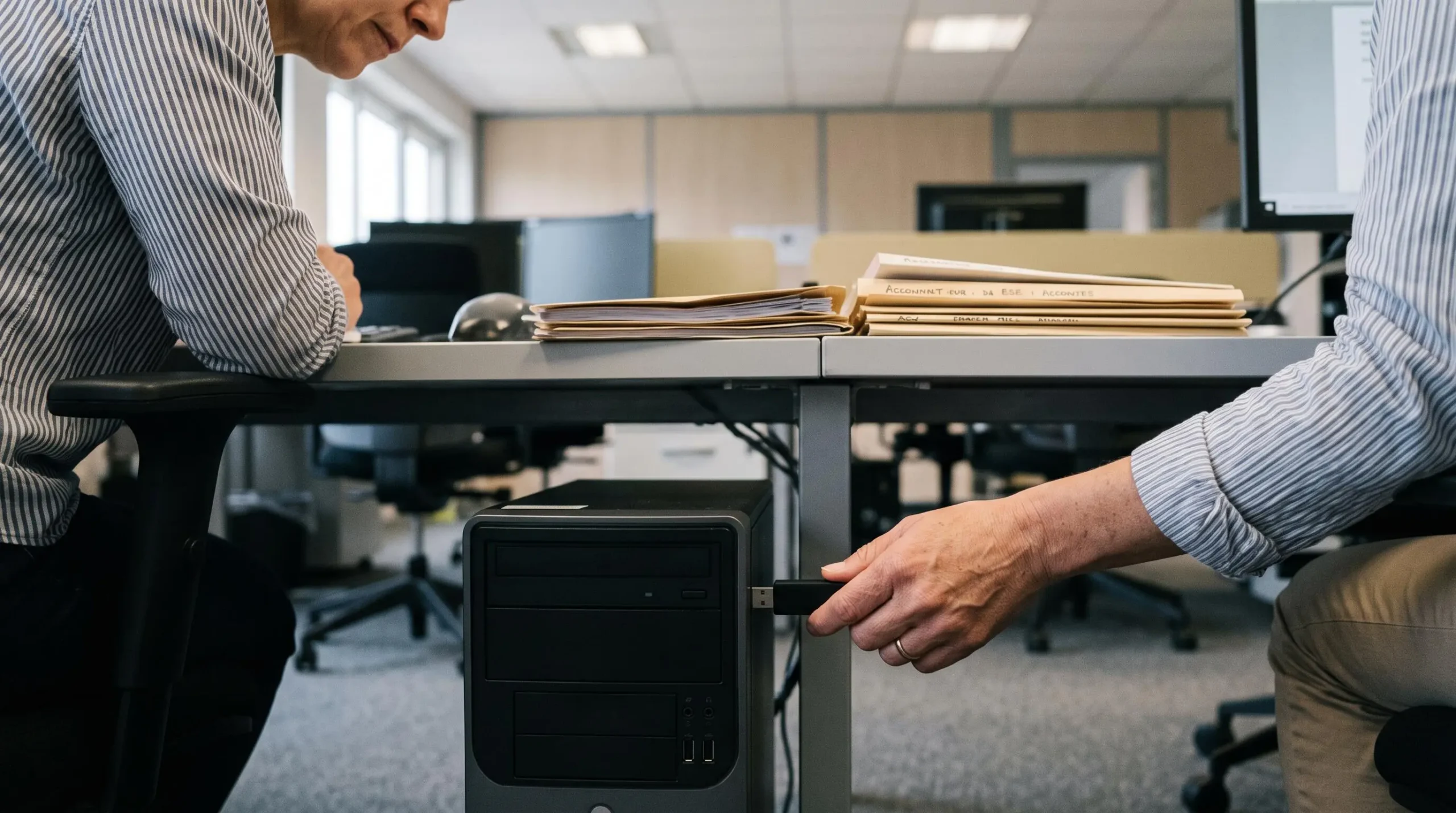 Mains d'une employée insérant une clé USB dans une unité centrale sous un bureau de PME, dossiers comptables posés sur le bureau.