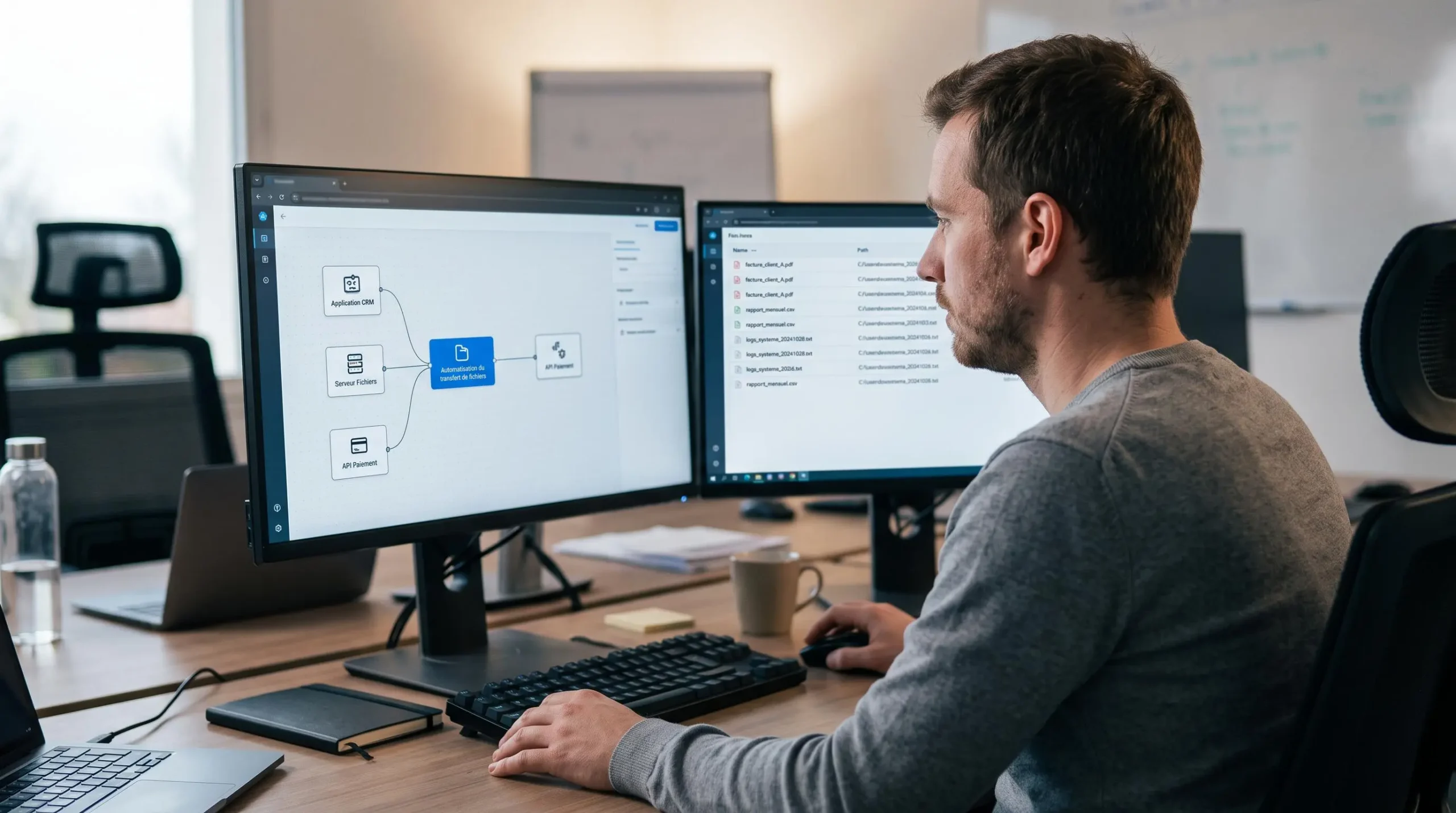 Ingénieur intégration vu de dos configurant un flux de transfert automatisé entre applications métier sur un poste à double écran.